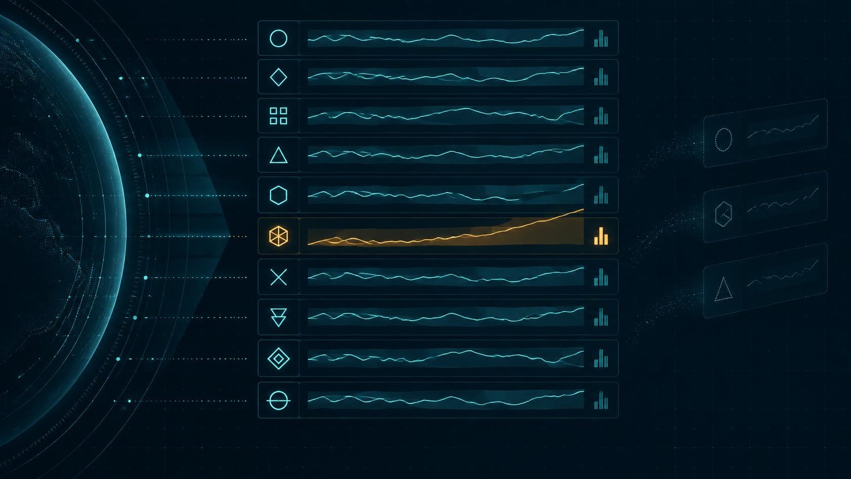 Meridian Tether artwork — a registry of autonomous AI agents on a dark navy field, each with its own activity trace, one drifting outside its baseline in amber, faint unregistered agents being discovered at the edge, and a monitoring layer observing from the side