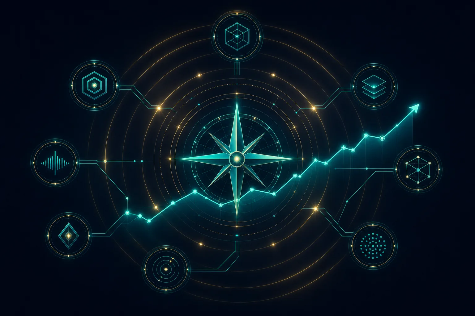 AI Optimism Engine illustration — compass over an upward trajectory chart with seven signal nodes and gold pulse rings